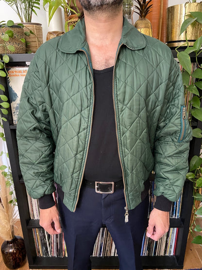 Vintage 1980s Forest Green Quilted Bomber Jacket