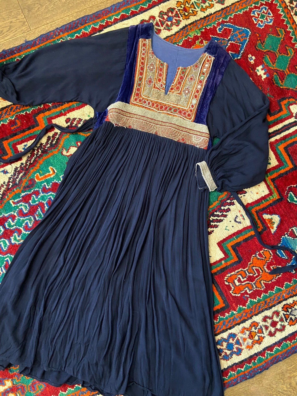 Vintage 1970s Navy Velvet & Gold Afghan Dress