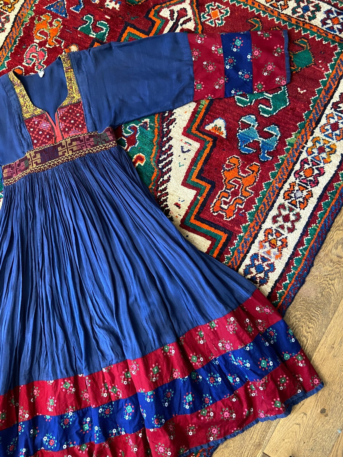 Vintage 1970s Blue Embroidered Afghan Dress