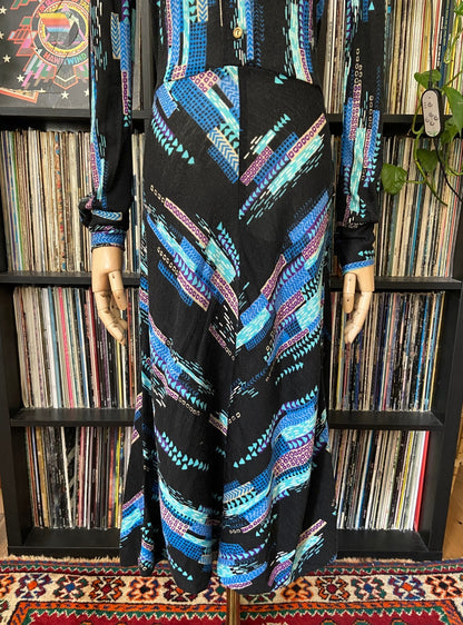 Vintage 1970s Black & Blue Printed Shirt Dress