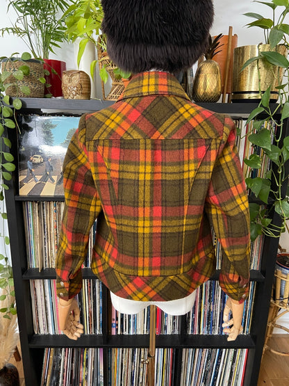 Vintage 1970s Brown & Red Plaid Cropped Jacket