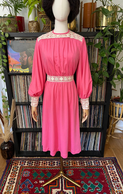Vintage 1970s Bright Pink & Cream Crochet Trim Dress