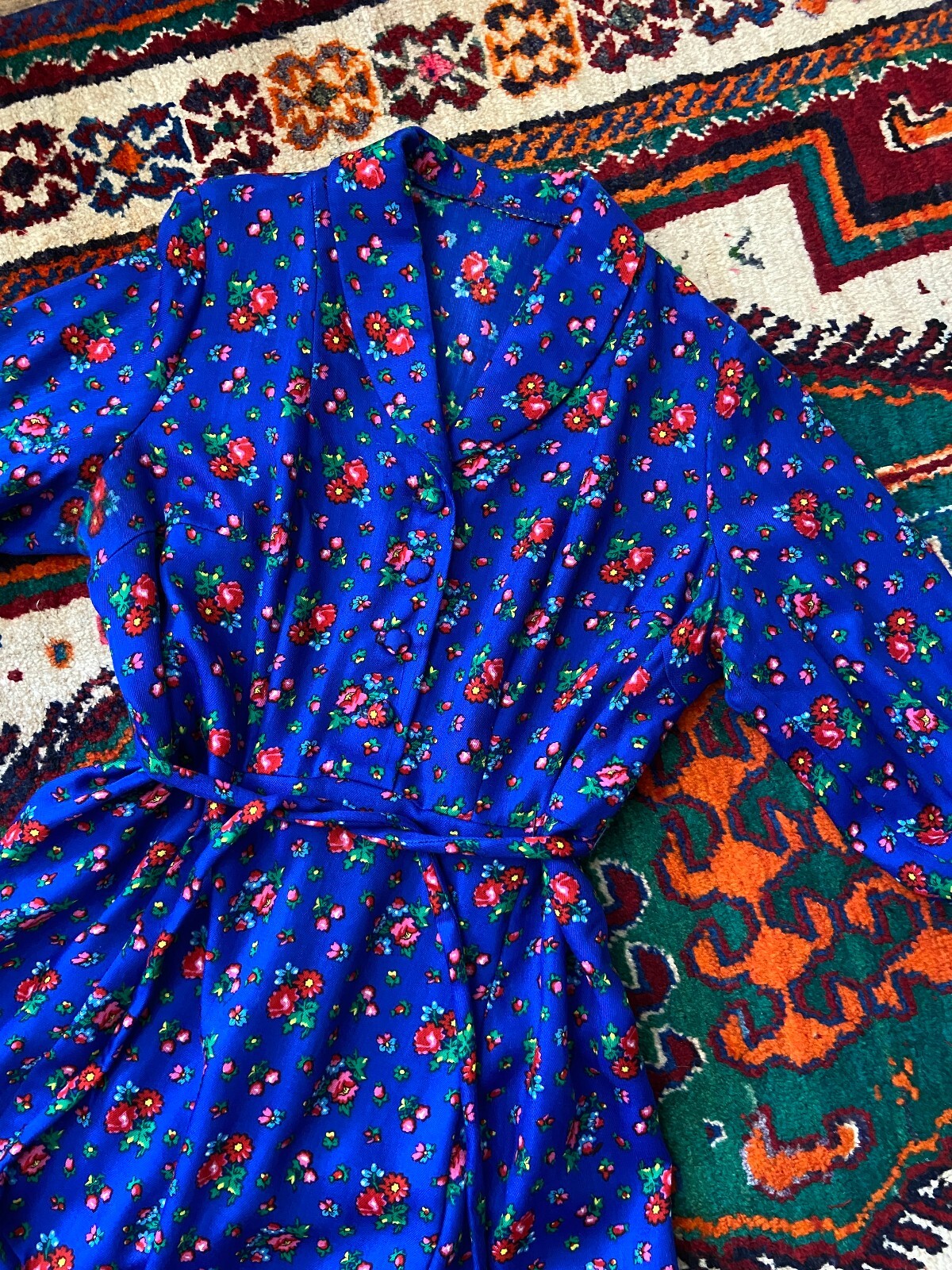 Vintage 1980s Blue Floral Folk Dress