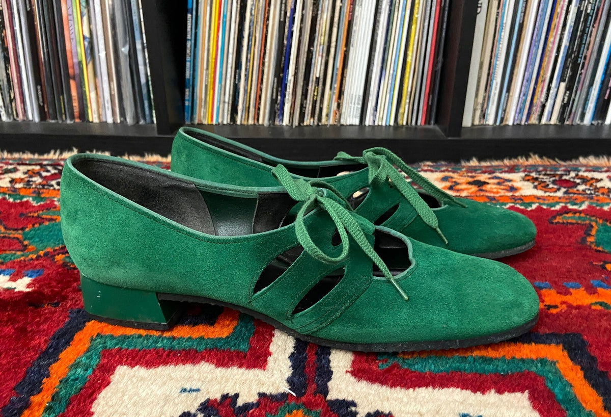 Vintage 1970s Green Suede Mary Janes UK 5