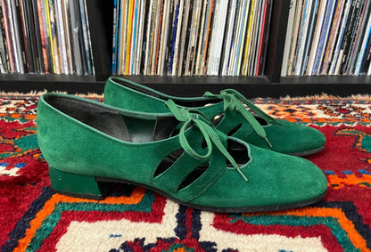 Vintage 1970s Green Suede Mary Janes UK 5