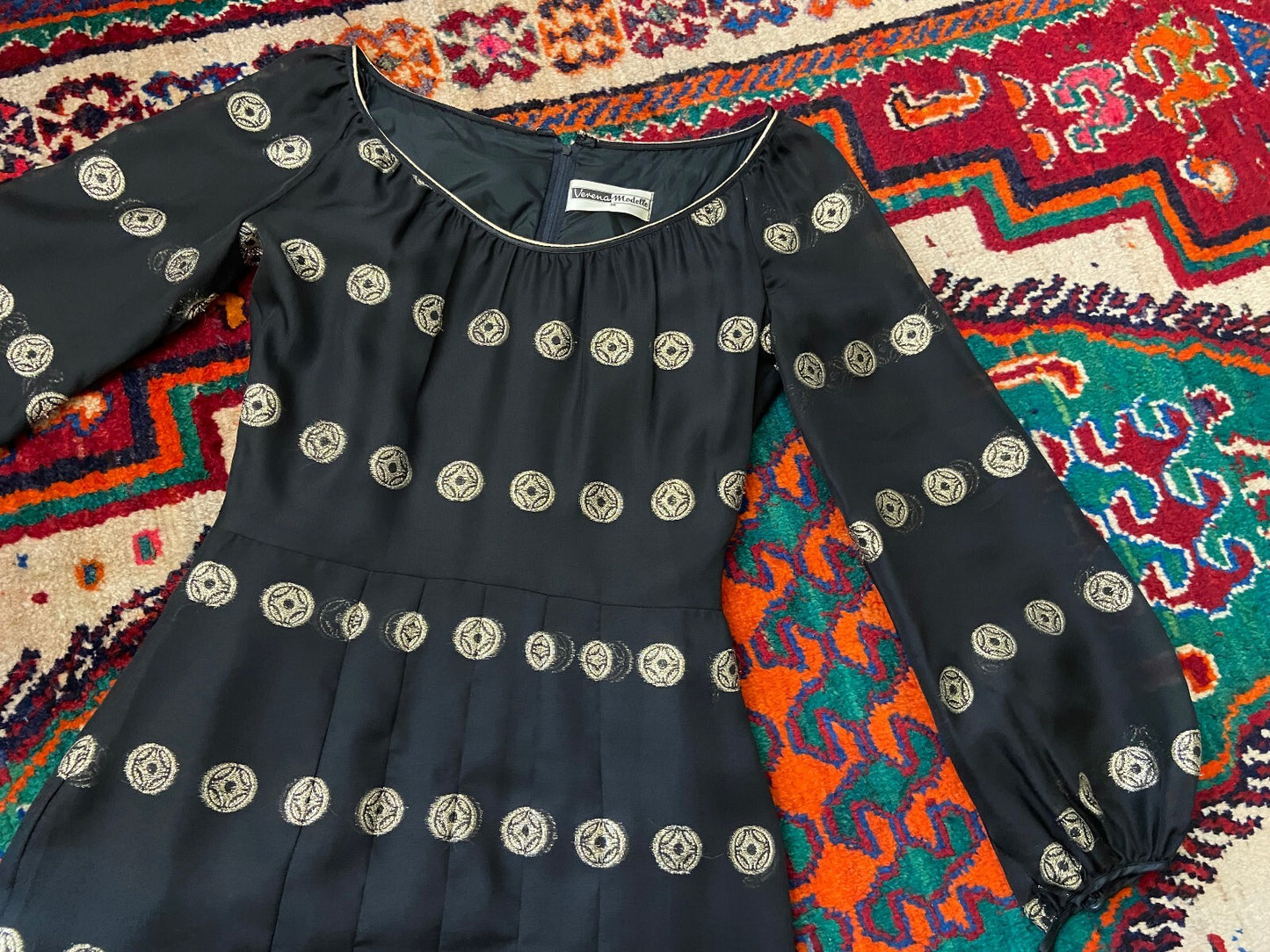 Vintage 1970s Black & Gold Pleated Maxi Dress