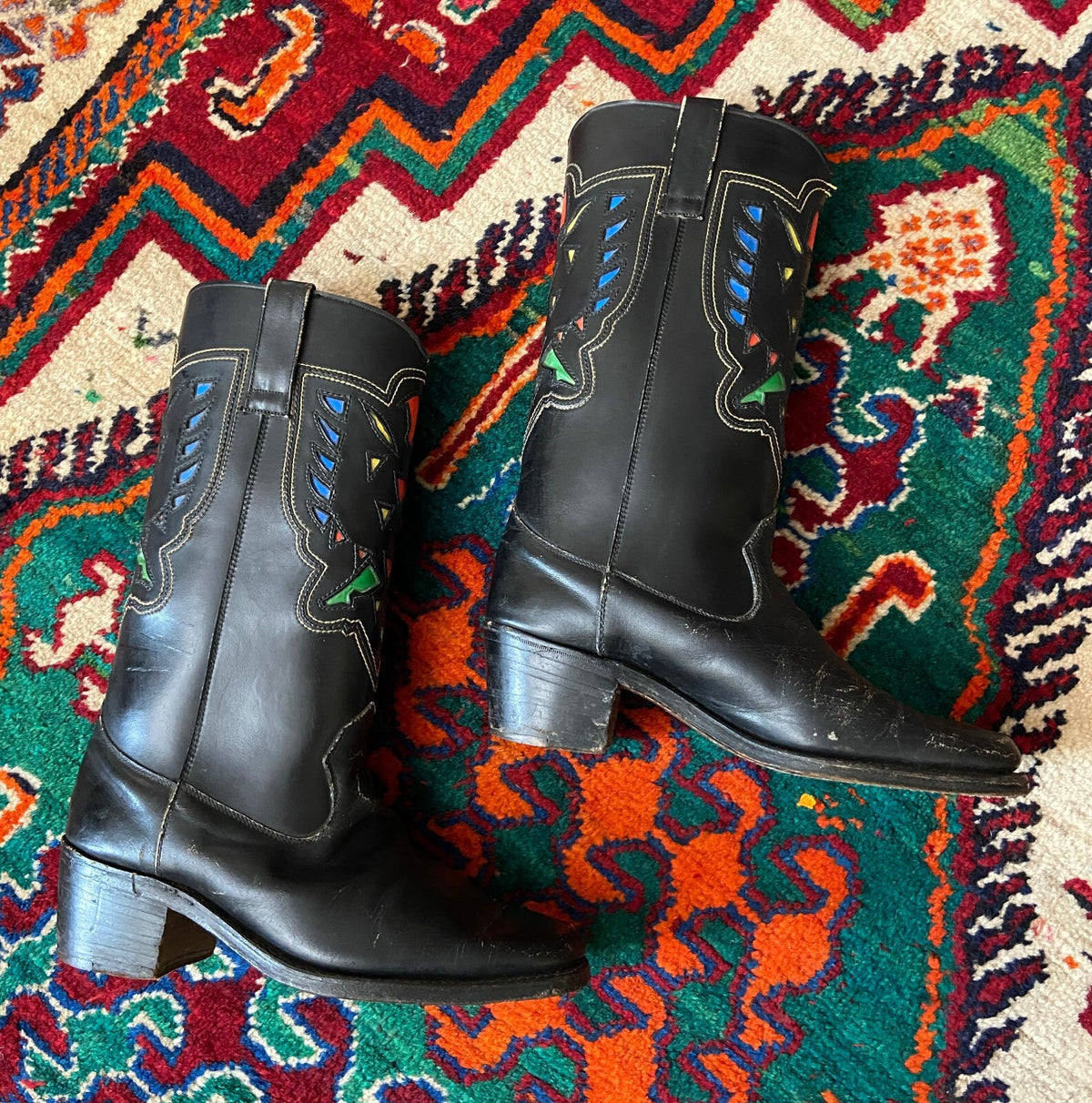 Vintage 1970s Black Colourful Inlay Cowboy Boots UK 7