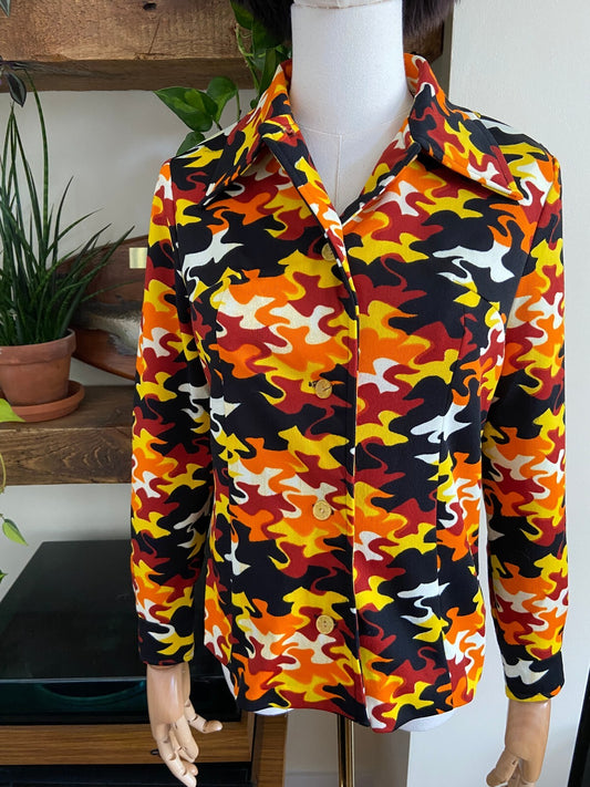 Vintage 1970s Orange & Yellow Retro Print Shirt