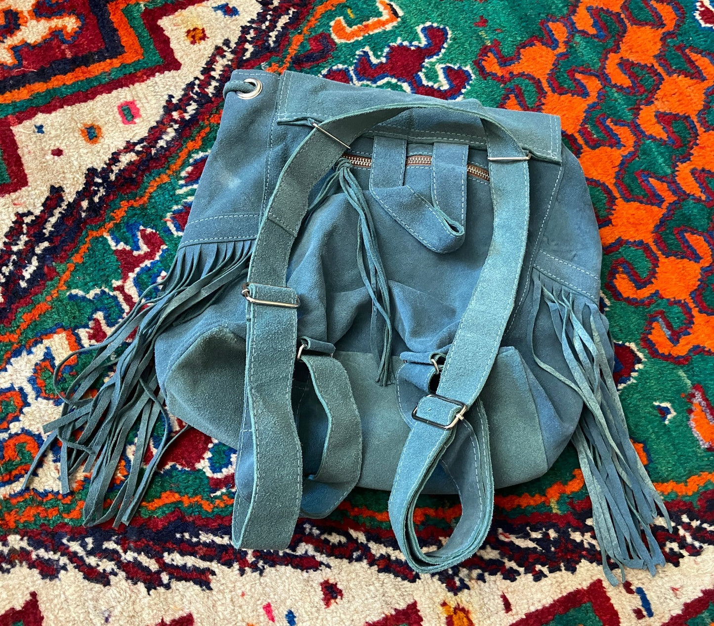 Sabrina Tach Dusty Blue Suede Fringed Backpack