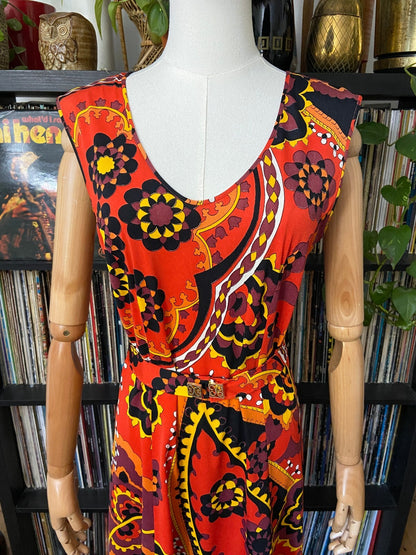 Vintage 1960s Red Psychedelic Sleeveless Dress