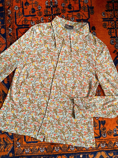 Vintage 1970s Green Floral Dagger Collar Shirt