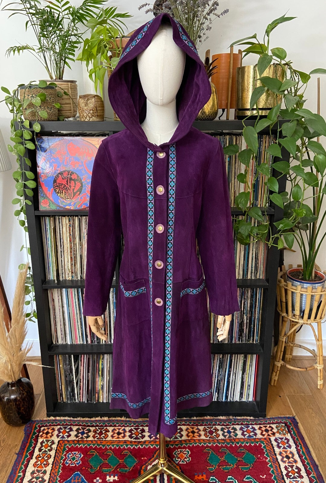Vintage 1970s Purple Hooded Embroidered Trim Penny Lane Coat