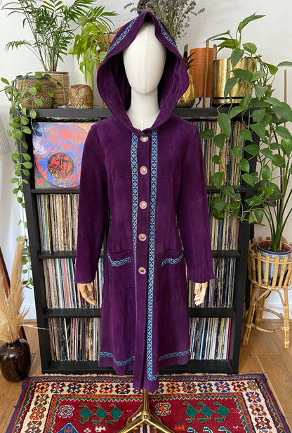 Vintage 1970s Purple Hooded Embroidered Trim Penny Lane Coat