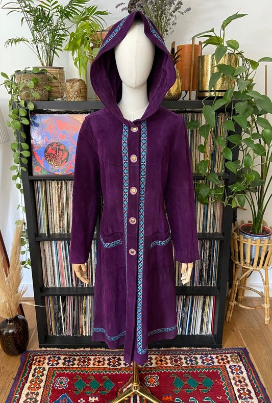 Vintage 1970s Purple Hooded Embroidered Trim Penny Lane Coat