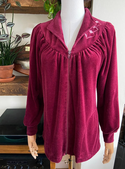 Vintage 1970s Burgundy Velour Zip Up Top