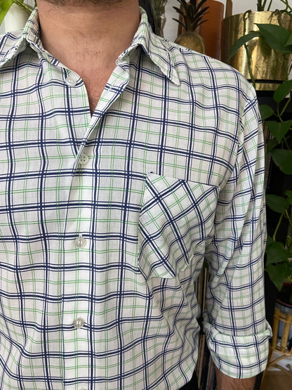 Vintage 1970s White, Green & Navy Checked Shirt