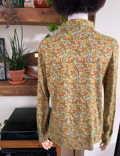 Vintage 1970s Green Floral Dagger Collar Shirt