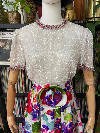 Vintage 1960s Beaded Floral Cocktail Dress