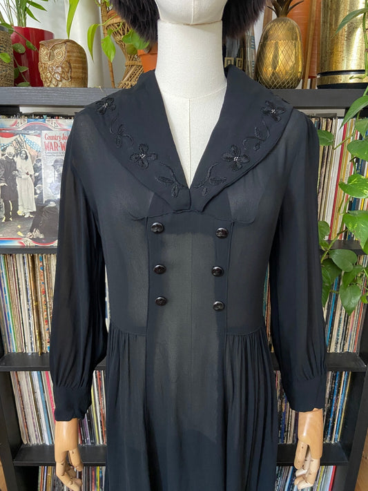 Vintage 1940s Black Beaded Sailor Collar Dress