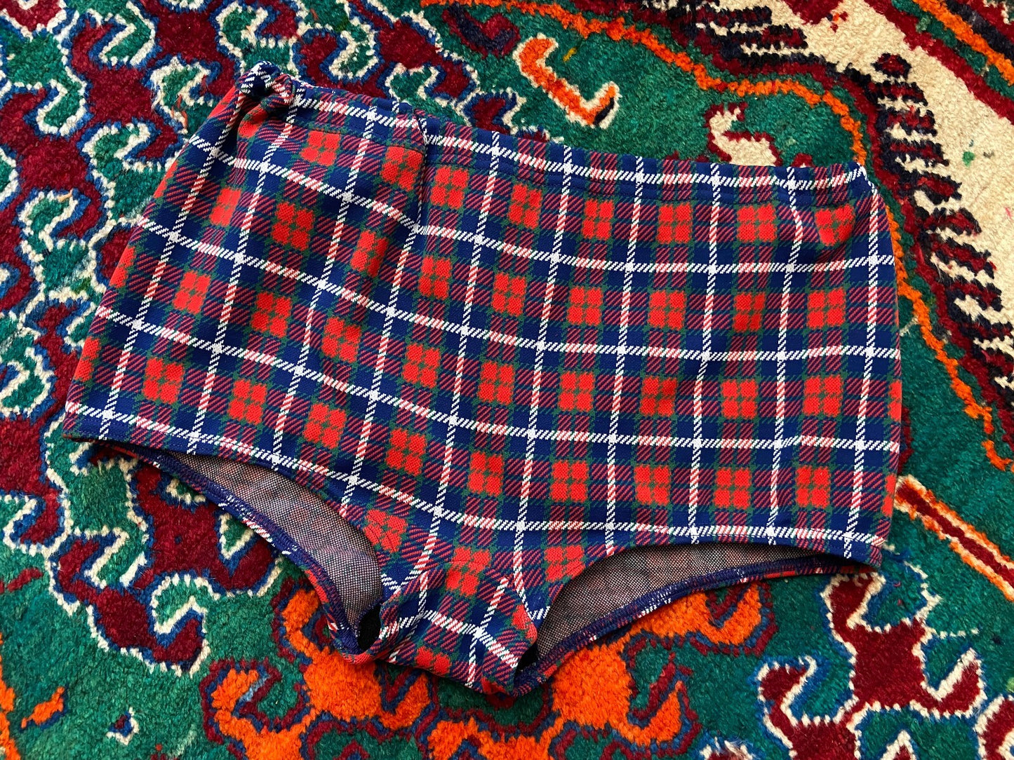 Vintage 1970s Red Blue Tartan Swim Shorts