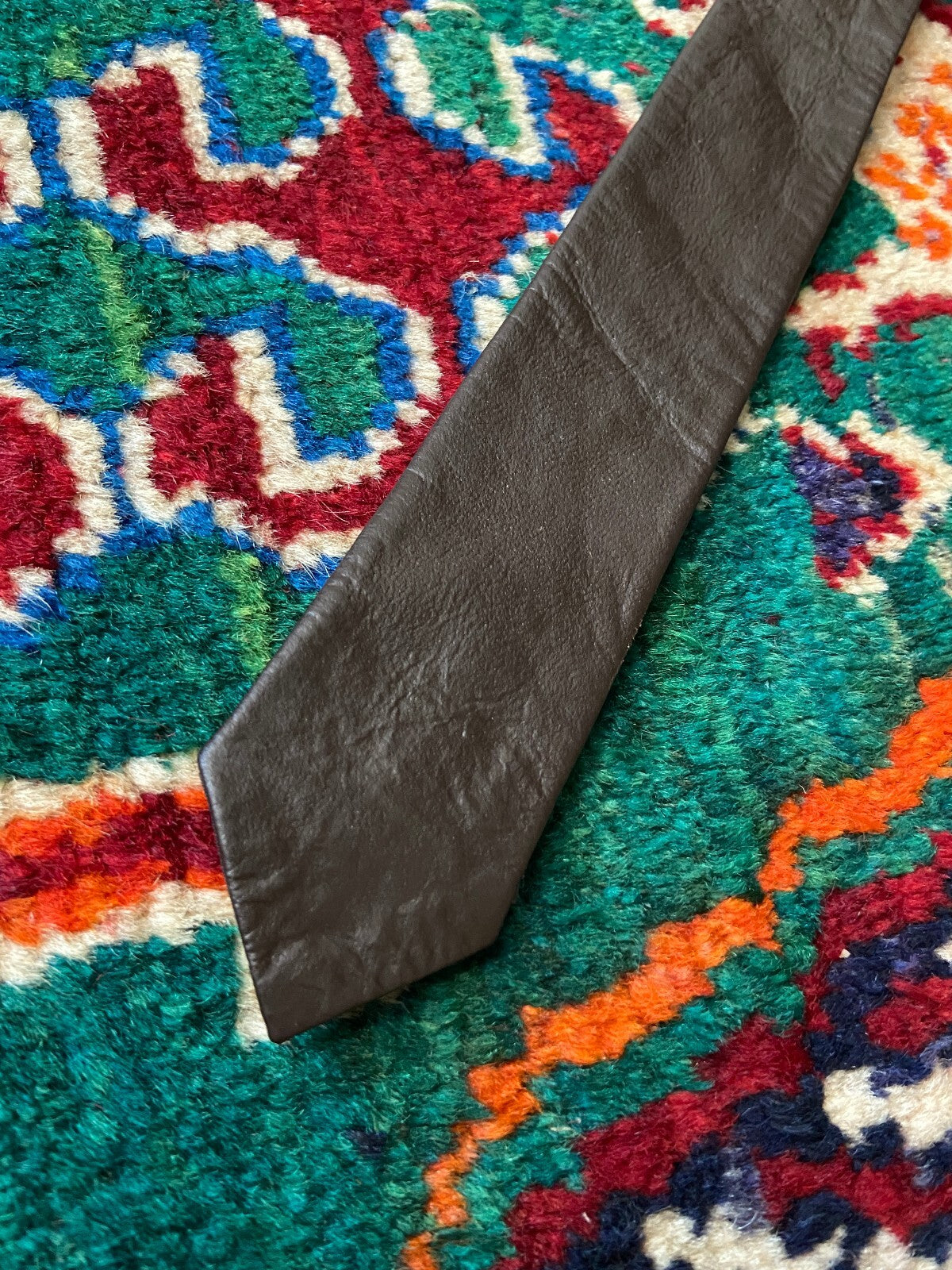 Vintage 1970s Brown Leather Skinny Tie