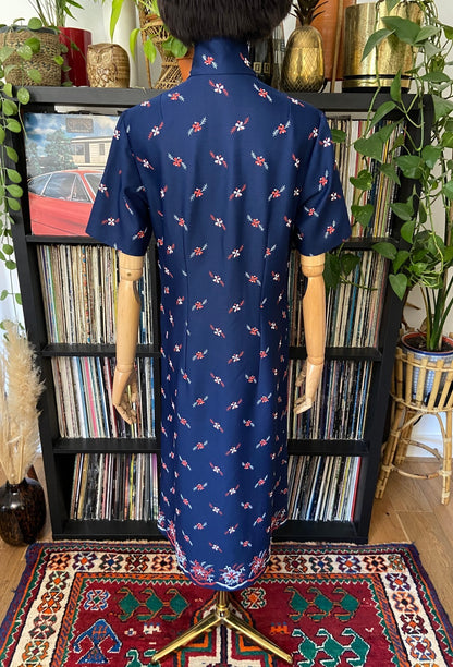 Vintage 1970s Navy Embroidered Pussybow Dress