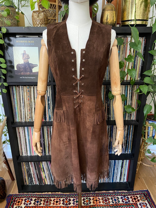 Vintage 1970s Brown Suede Fringed Lace Up Dress