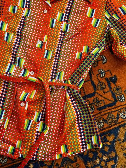 Vintage 1970s Orange Retro Print Belted Shirt