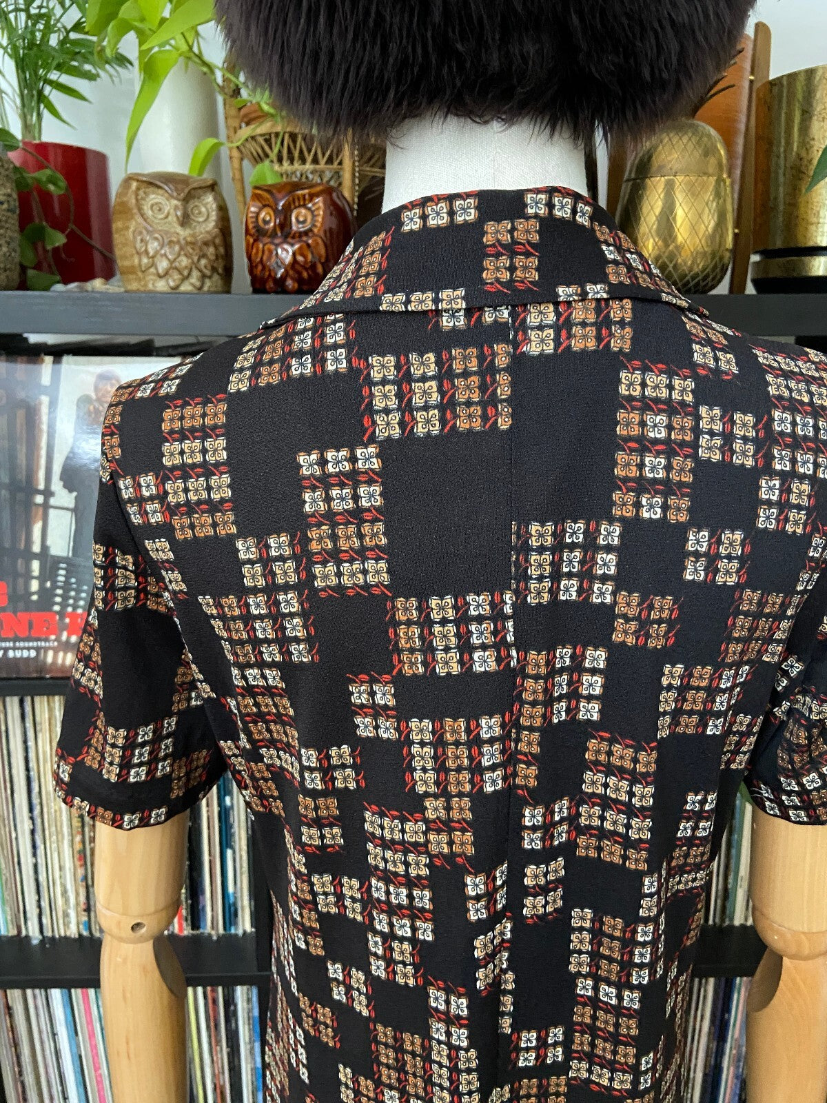 Vintage 1970s Black Printed Shirt Dress