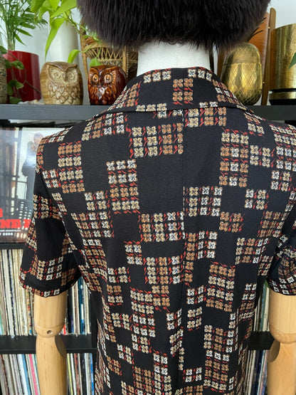 Vintage 1970s Black Printed Shirt Dress