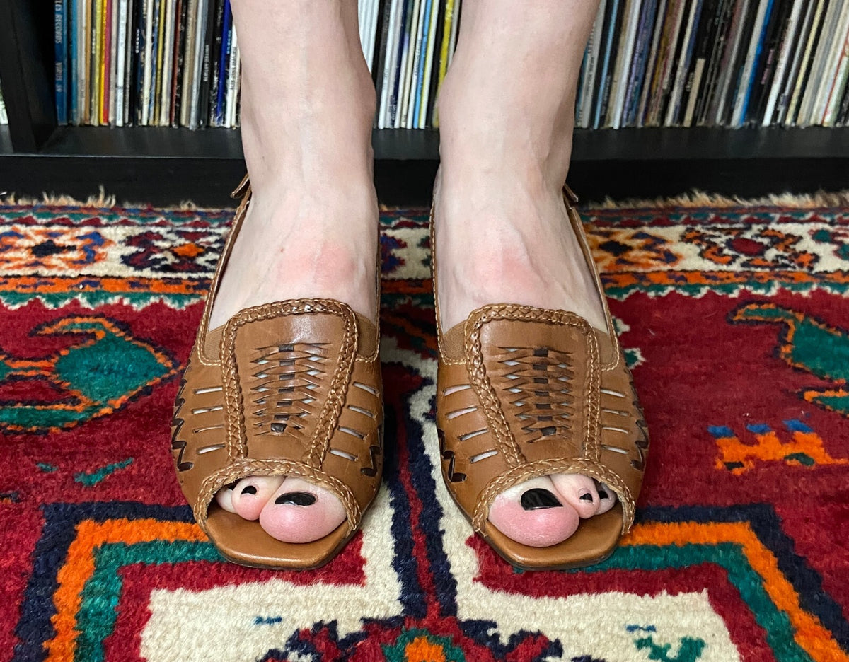 Vintage 1980s Brown Woven Slingback Sandals UK 5