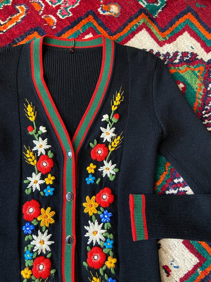 Vintage 1970s Black Austrian Folk Cardigan