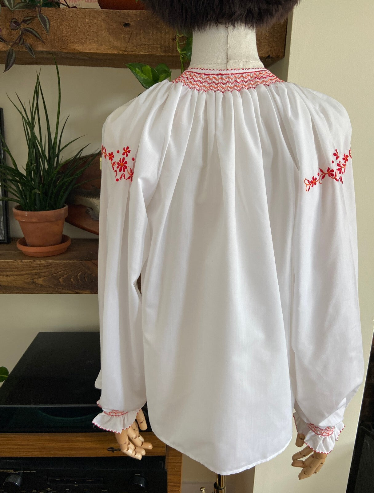 Vintage 1970s White & Red Embroidered Folk Blouse