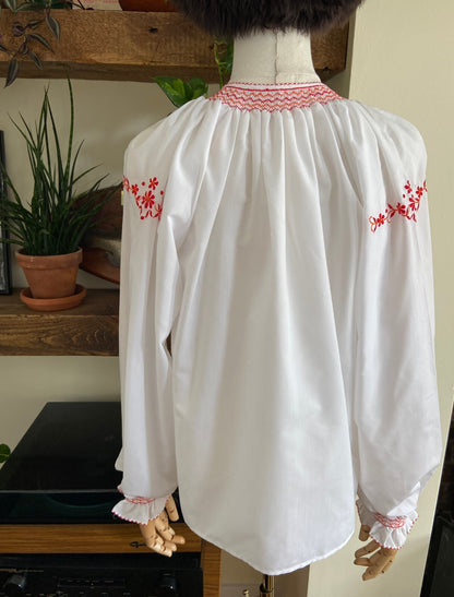 Vintage 1970s White & Red Embroidered Folk Blouse