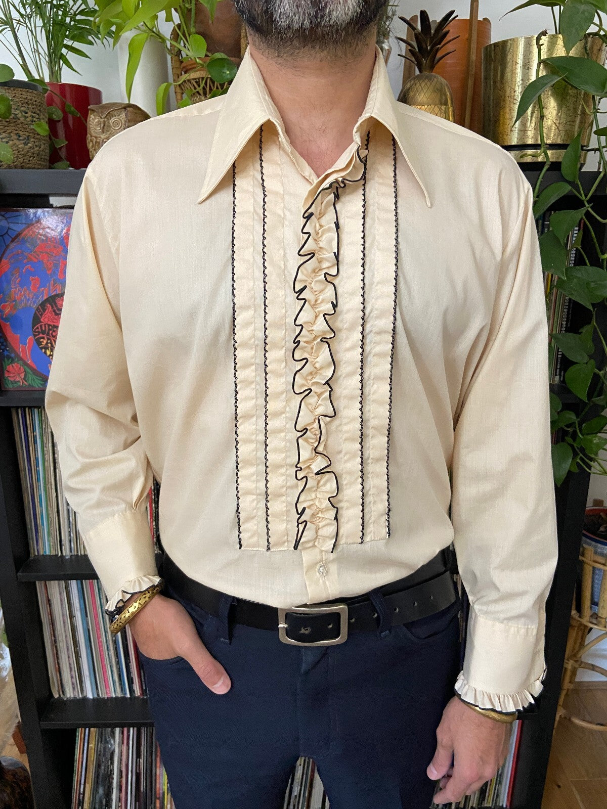 Vintage 1970s Beige After Six Ruffle Shirt