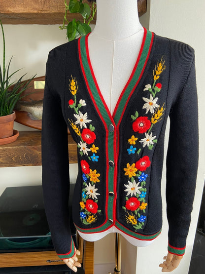 Vintage 1970s Black Austrian Folk Cardigan