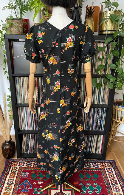 Vintage 1970s Puff Shoulder Floral Maxi Dress