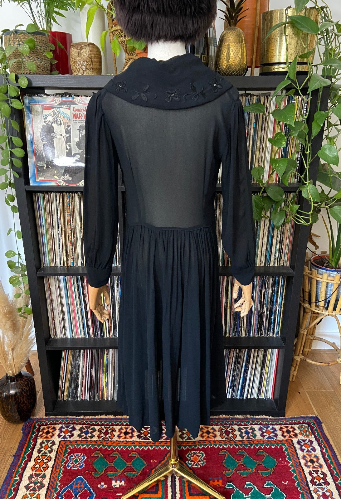 Vintage 1940s Black Beaded Sailor Collar Dress