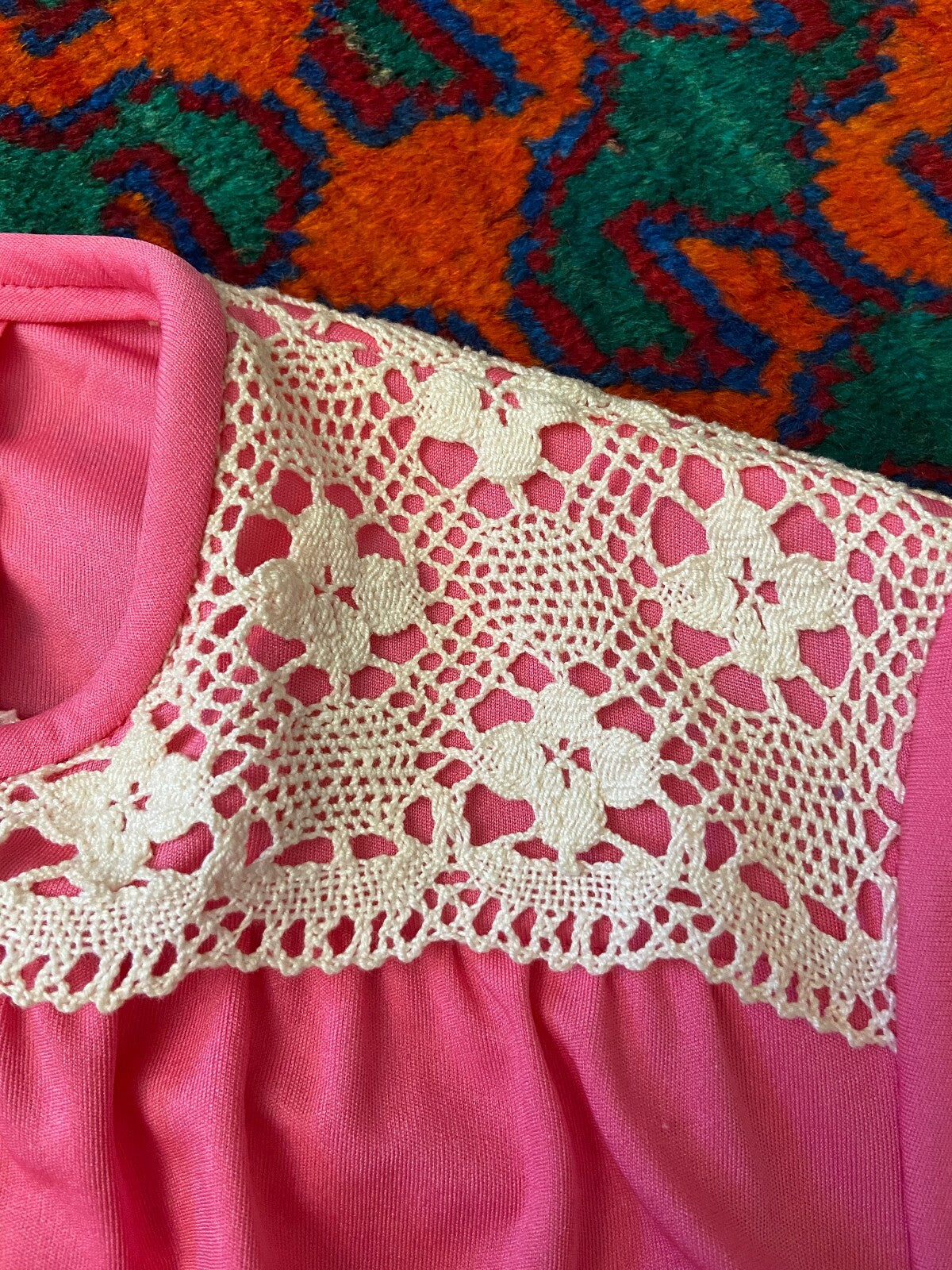 Vintage 1970s Bright Pink & Cream Crochet Trim Dress