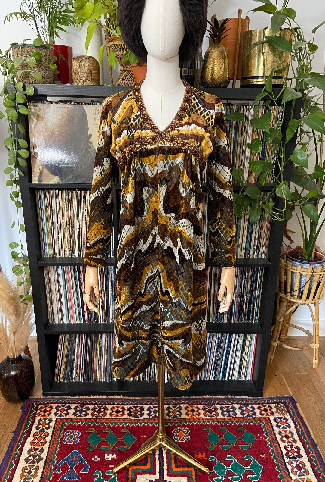 Vintage 1970s Brown & Mustard Velvet Sequin Trim Dress