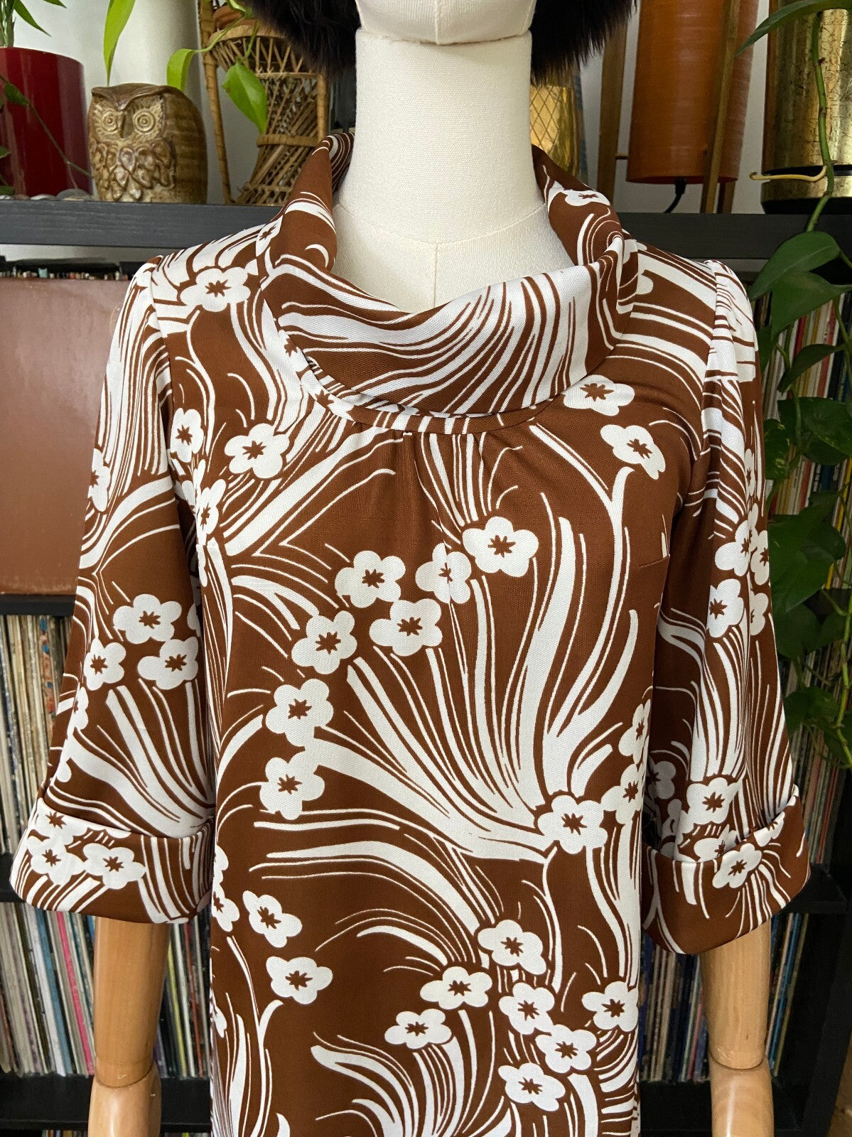 Vintage 1970s Brown & White Funnel Neck Dress