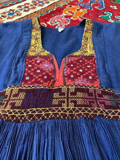 Vintage 1970s Blue Embroidered Afghan Dress