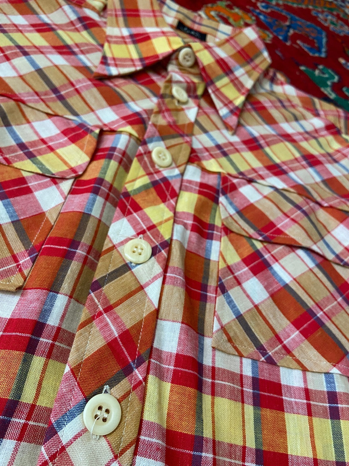 Vintage 1970s Deadstock Red & Yellow Dagger Collar Shirt