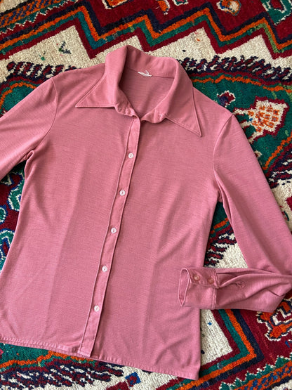 Vintage 1970s Pink Knit Dagger Collar Shirt