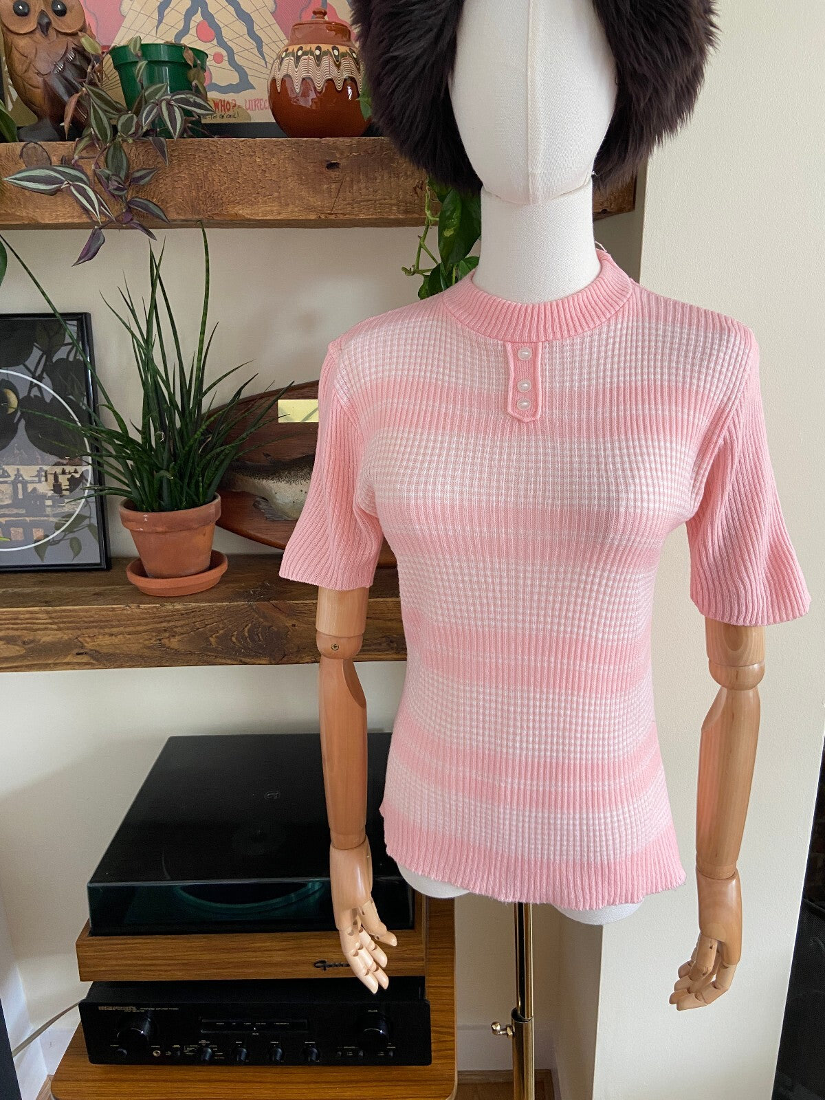 Vintage 1970s Pink White Striped Knit Top