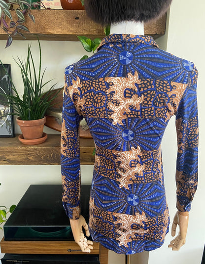 Vintage 1970s Blue & Brown Dagger Collar Shirt