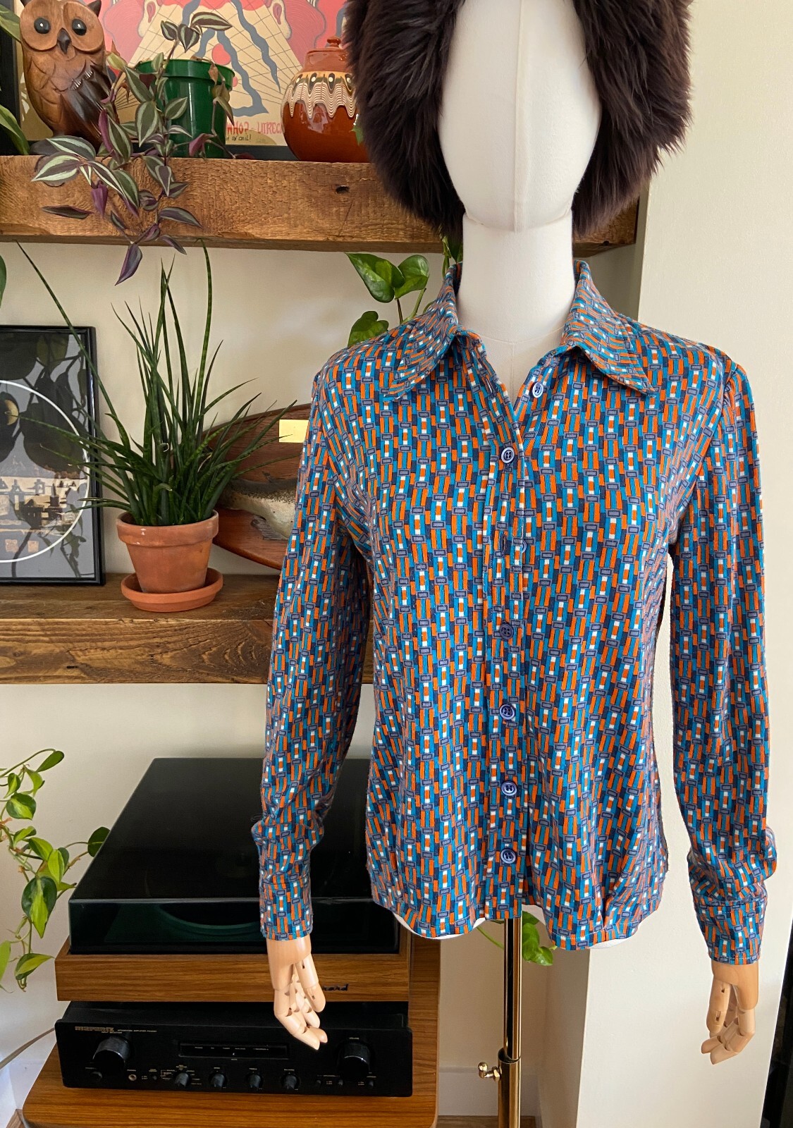 Vintage 1970s Blue & Orange Dagger Collar Shirt