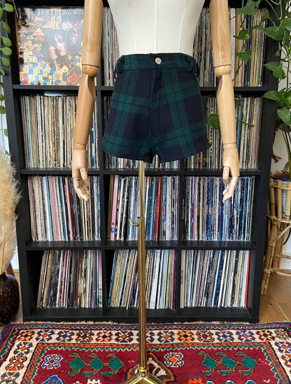 Vintage 1980s Navy & Green Tartan Hot Pants