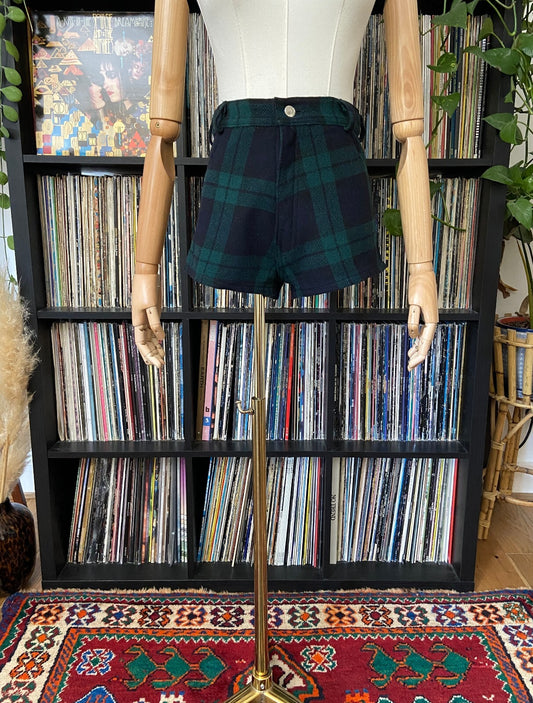 Vintage 1980s Navy & Green Tartan Hot Pants