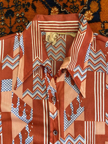 Vintage 1970s Brown Geometric Print Shirt